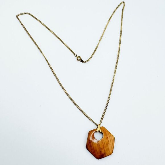 Vintage Hexagonal Wood Pendant Necklace Retro Geometric Minimalist - Picture 4 of 9